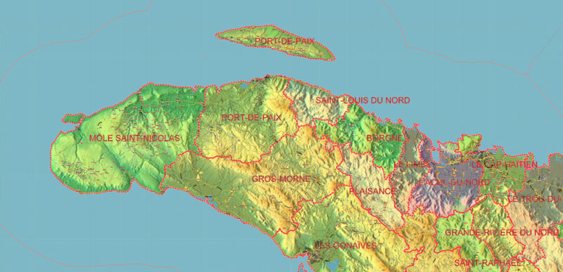 Dominicana and Haiti Vector Map high detailed roads + Relif editable layered in Adobe Illustrator