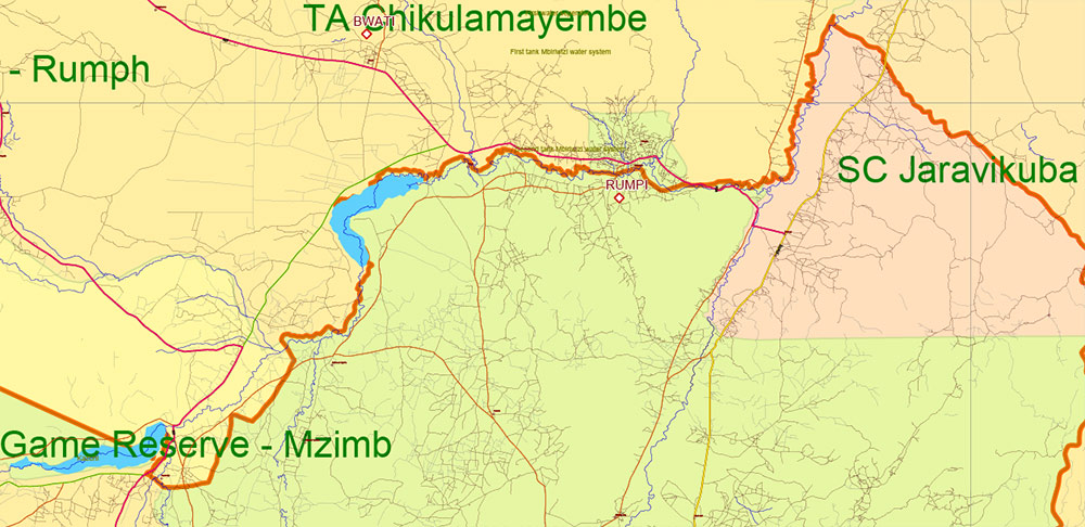 Malawi Vector Map high detailed road map + admin areas + cities and water objects editable Layered Adobe Illustrator