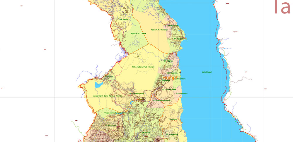 Malawi PDF Vector Map high detailed road map + admin areas + cities and water objects editable Layered Adobe PDF