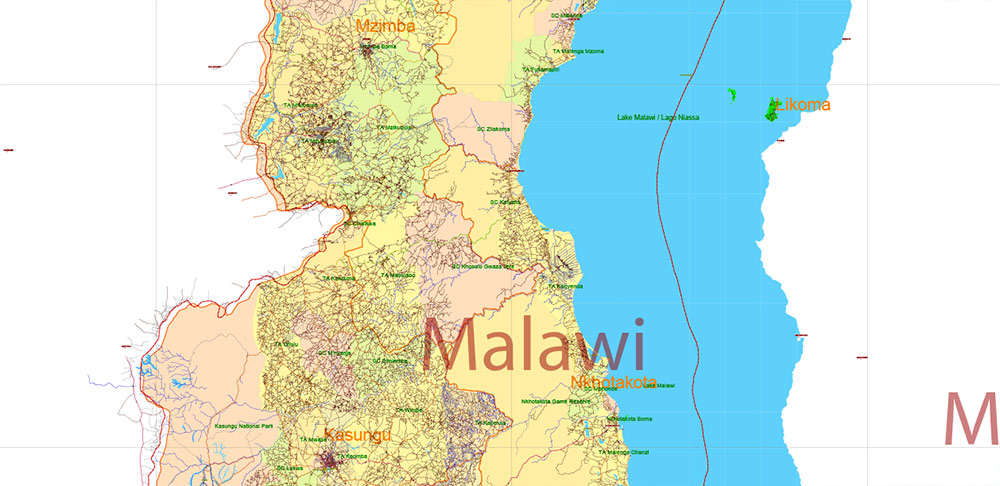Malawi PDF Vector Map high detailed road map + admin areas + cities and water objects editable Layered Adobe PDF