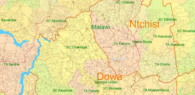 Malawi Vector Map high detailed road map + admin areas + cities and water objects editable Layered Adobe Illustrator