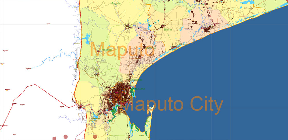 Mozambique PDF Vector Map high detailed road map + admin areas + cities and water objects editable Layered Adobe PDF