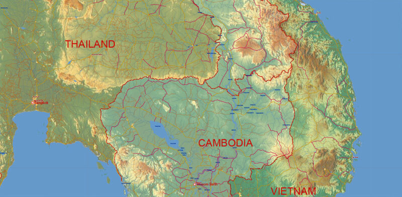 Asia South-East and Oceania Vector Map high detailed roads + relief editable layered in Adobe Illustrator