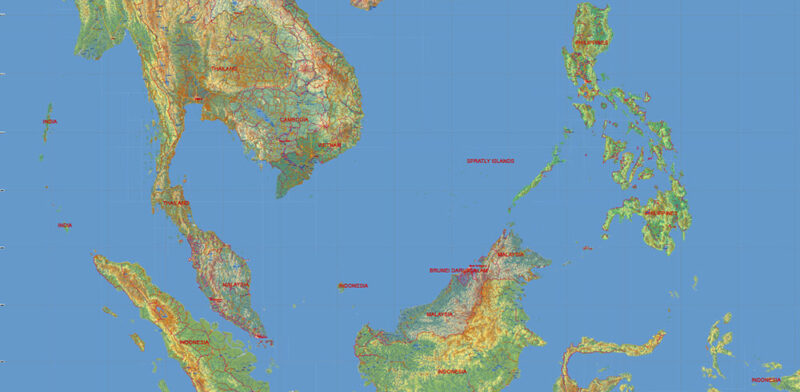 Asia South-East and Oceania Vector Map high detailed roads + relief editable layered in Adobe Illustrator