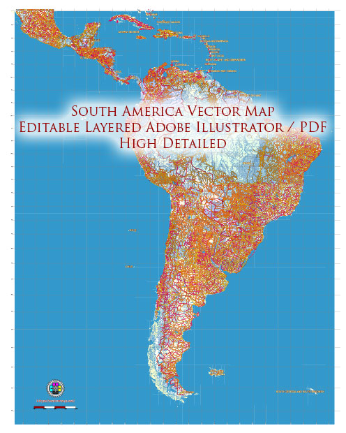 South America full Vector Map high detailed roads editable layered in Adobe Illustrator