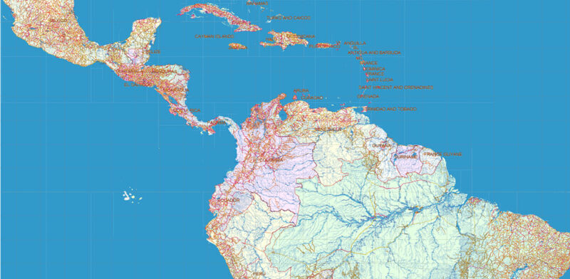 South America full Vector Map high detailed roads editable layered in Adobe Illustrator