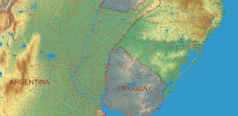 South America full Vector Map high detailed roads + Relief editable layered in Adobe Illustrator