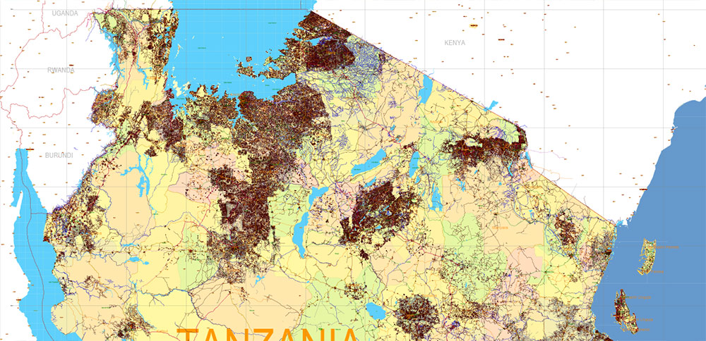 Tanzania Vector Map high detailed road map + admin areas + cities and water objects editable Layered Adobe Illustrator