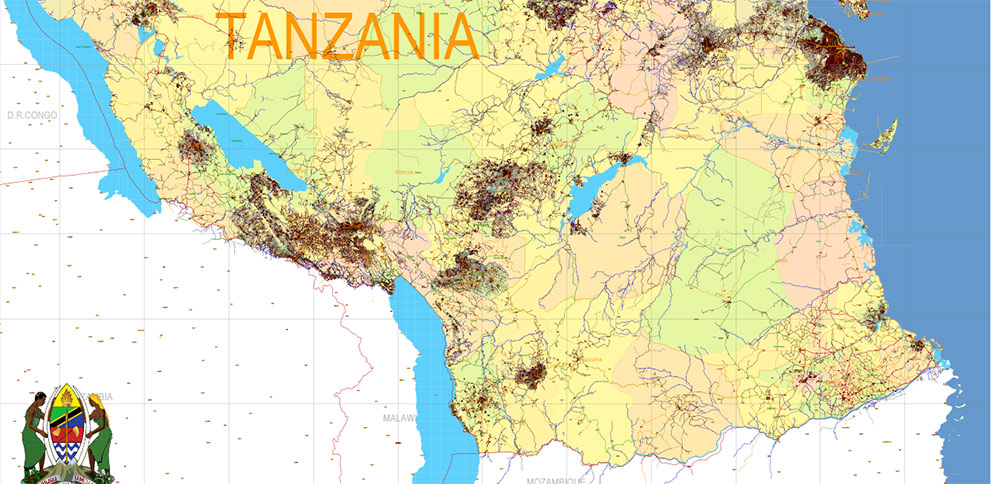 Tanzania PDF Vector Map high detailed road map + admin areas + cities and water objects editable Layered Adobe PDF