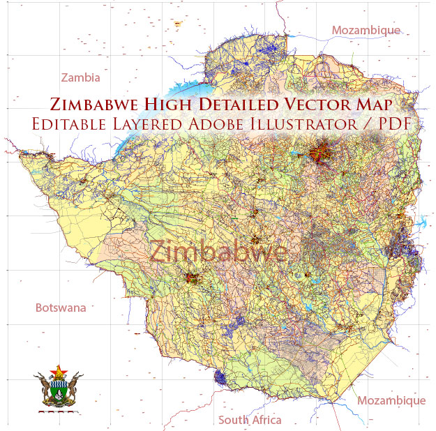 Zimbabwe Vector Map high detailed road map + admin areas + cities and water objects editable Layered Adobe Illustrator