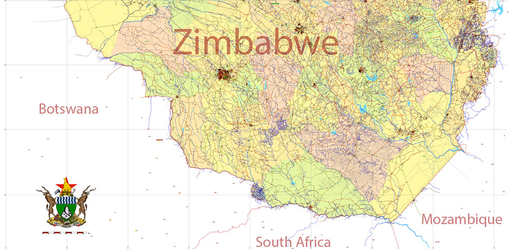 Zimbabwe PDF Vector Map high detailed road map + admin areas + cities and water objects editable Layered Adobe PDF