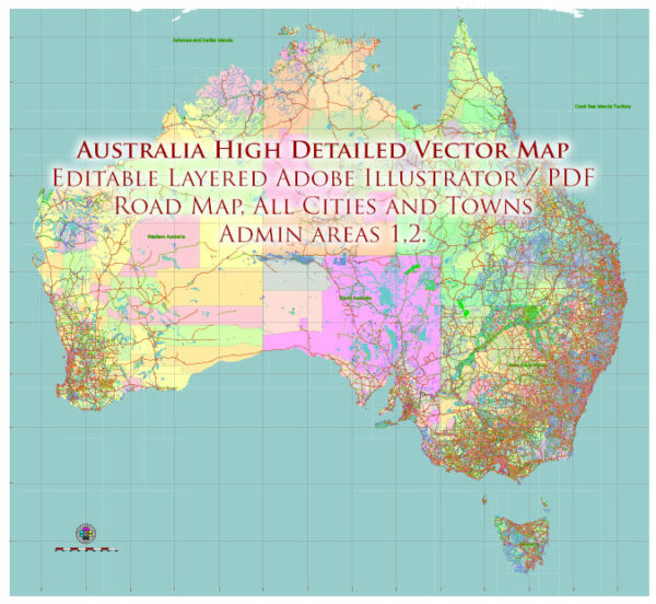 Australia Vector Map high detailed roads and admin areas editable layered in Adobe Illustrator