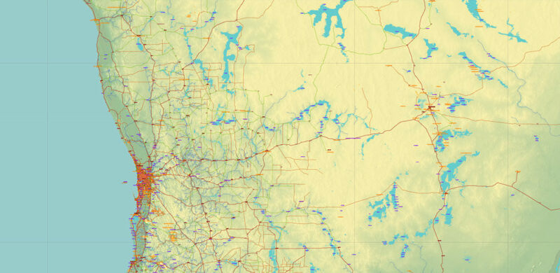 Australia Vector Map high detailed main roads and state areas + relief editable layered in Adobe Illustrator