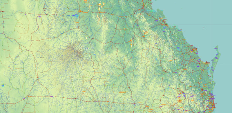 Australia Vector Map high detailed main roads and state areas + relief editable layered in Adobe Illustrator