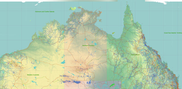Australia Vector Map high detailed main roads and state areas + relief ...
