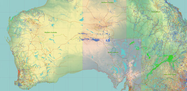 Australia Vector Map high detailed main roads and state areas + relief ...