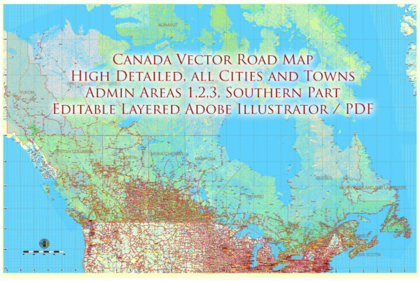 Canada South Part Vector Map High Detailed Main Roads all Cities and Towns Adobe Illustrator