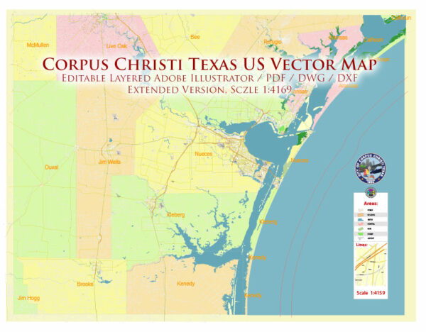 Corpus Christi Texas US PDF + DXF + DWG Vector Map high detailed editable Layered Adobe PDF and CAD DWG DXF in 1 archive