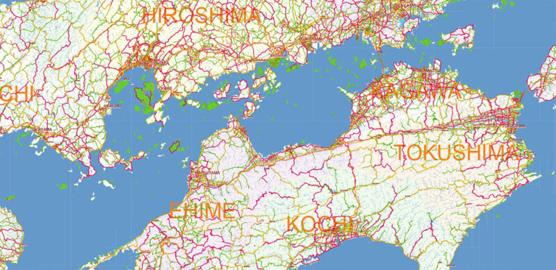 Japan Vector Map high detailed roads and admin areas editable layered in Adobe Illustrator