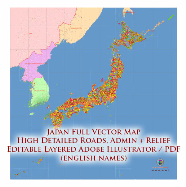 Japan Vector Map high detailed roads and relief topo editable layered in Adobe Illustrator
