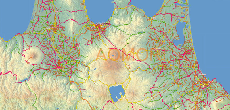 Japan Vector Map high detailed roads and relief topo editable layered in Adobe Illustrator