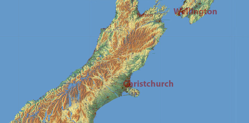New Zealand full country Map Vector Extra High Detailed Street Road Map + Relief Raster editable Adobe Illustrator in layers