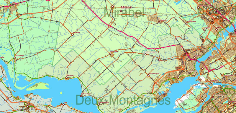 Quebec South Part Canada Vector Map High Detailed All Streets and Roads all Cities and Towns Adobe Illustrator