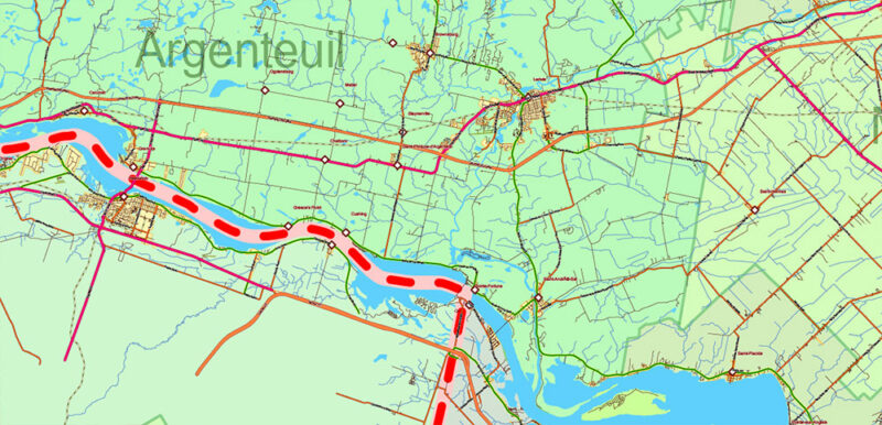 Quebec South Part Canada Vector Map High Detailed All Streets and Roads all Cities and Towns Adobe Illustrator