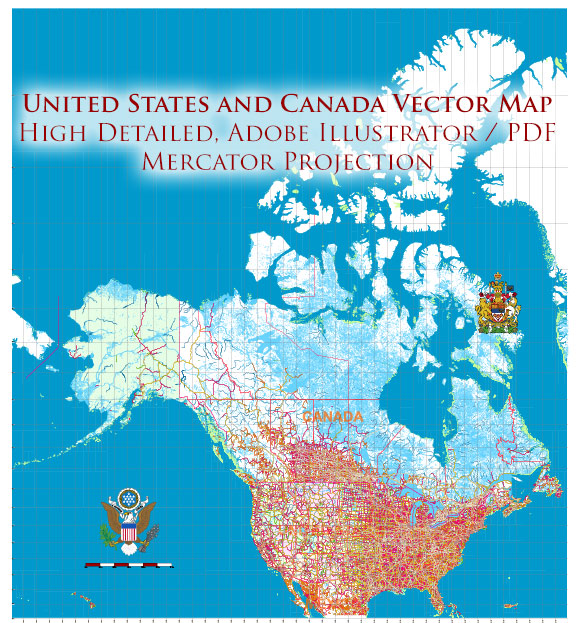 United States and Canada Vector Map High Detailed Main Roads, all Cities, States, Mercator Projection editable layered Adobe Illustrator