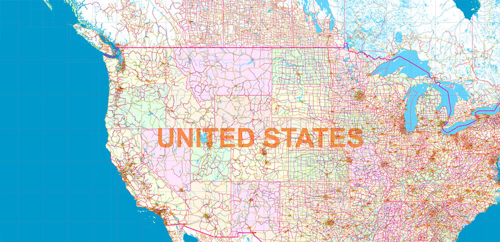 United States and Canada Vector Map High Detailed Main Roads, all Cities, States, Mercator Projection editable layered Adobe Illustrator