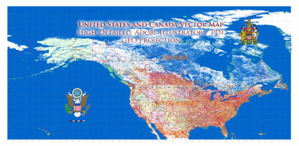 United States and Canada Vector Map High Detailed Main Roads, all Cities, States, Geo Projection editable layered Adobe Illustrator