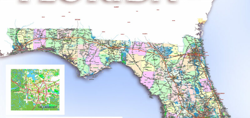 1 Florida US Vector Map, High Detailed Editable Layered Adobe PDF ready for print size 24x36 inches v.1