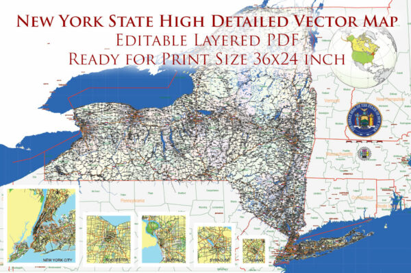 1 New York State US Vector Map, High Detailed Editable Layered Adobe PDF ready for print size 24x36 inches v.1