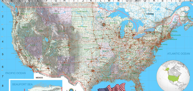 1 United States Vector Map, High Detailed Editable Layered Adobe Illustrator main roads, cities, relief, ready for print size 24x36 inches v.1