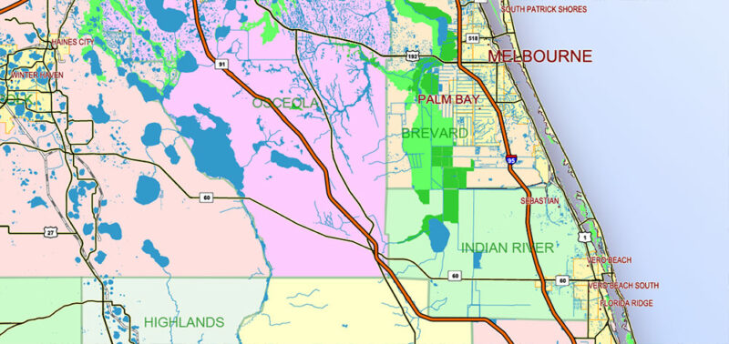2 Florida US Vector Map, High Detailed Editable Layered Adobe PDF ready for print size 24x36 inches v.2