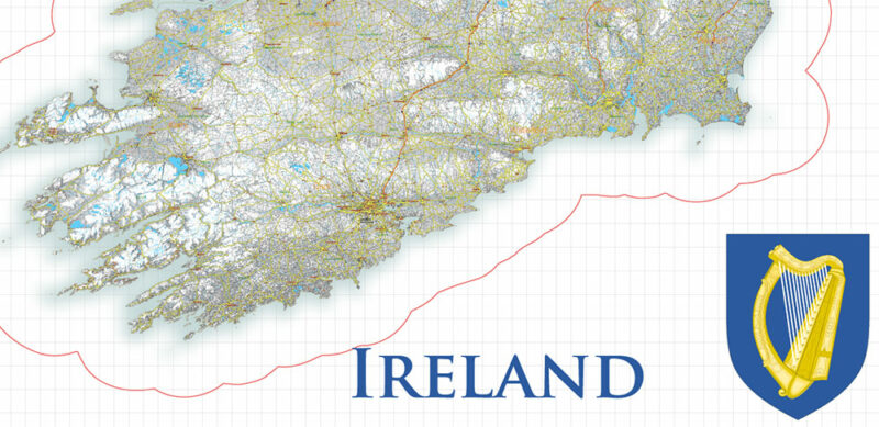 2 Ireland Full Vector Map, High Detailed Editable Layered Adobe Illustrator all roads, cities, relief, ready for print size 24x36 inches v.2