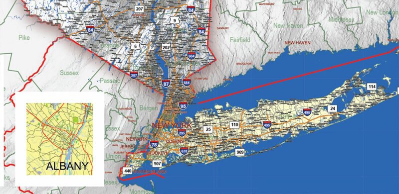 2 New York State US Vector Map, High Detailed Editable Layered Adobe PDF main roads, cities, relief: ready for print size 24x36 inches v.2