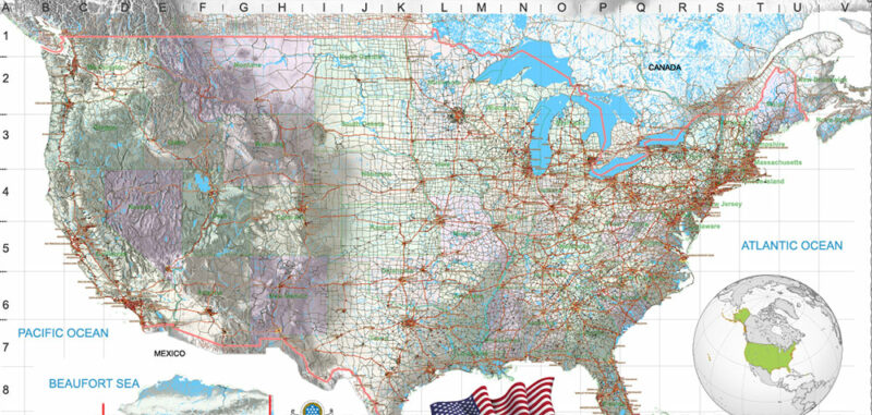 2 United States Vector Map, High Detailed Editable Layered Adobe Illustrator main roads, cities, relief, ready for print size 24x36 inches v.2