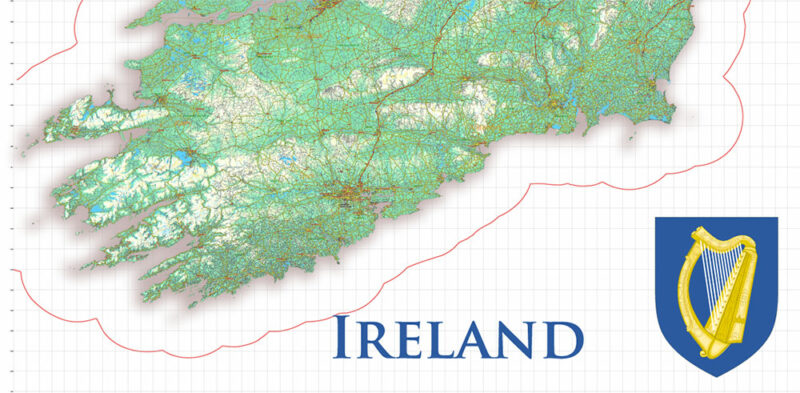 3 Ireland Full Vector Map, High Detailed Editable Layered Adobe Illustrator all roads, cities, relief, ready for print size 24x36 inches v.3