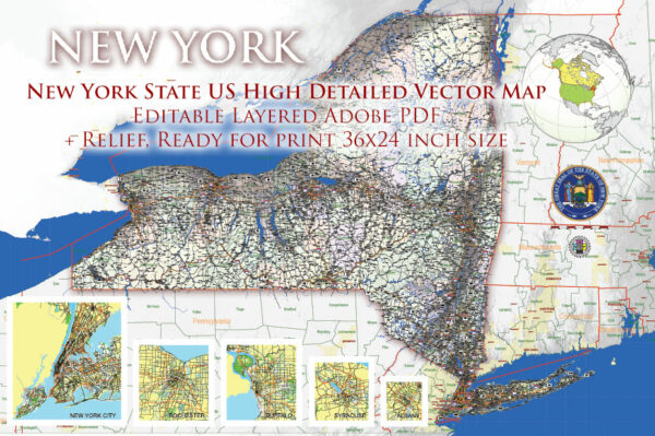 3 New York State US Vector Map, High Detailed Editable Layered Adobe PDF main roads, cities, relief: ready for print size 24x36 inches v.3