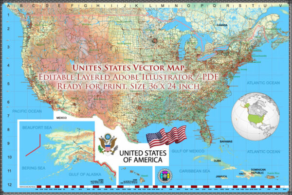 3 United States Vector Map, High Detailed Editable Layered Adobe Illustrator main roads, cities, relief, ready for print size 24x36 inches v.3