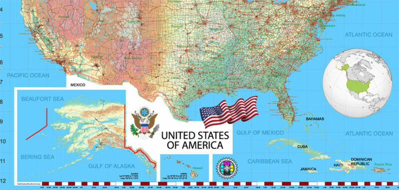 3 United States Vector Map, High Detailed Editable Layered Adobe Illustrator main roads, cities, relief, ready for print size 24x36 inches v.3