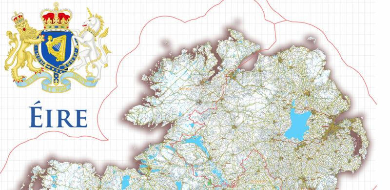 4 Ireland Full Vector Map, High Detailed Editable Layered Adobe Illustrator all roads, cities, ready for print size 24x36 inches v.4