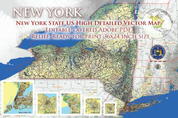 4 New York State US Vector Map, High Detailed Editable Layered Adobe PDF main roads, cities, relief: ready for print size 24x36 inches v.4