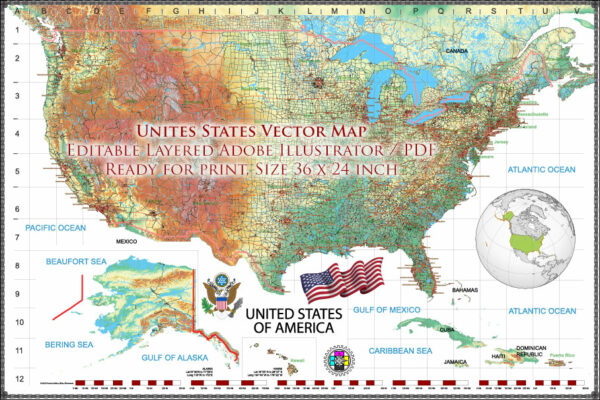 4 United States Vector Map, High Detailed Editable Layered Adobe Illustrator main roads, cities, relief, ready for print size 24x36 inches v.4