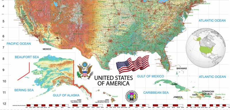 4 United States Vector Map, High Detailed Editable Layered Adobe Illustrator main roads, cities, relief, ready for print size 24x36 inches v.4