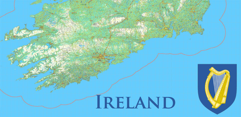 5 Ireland Full Vector Map, High Detailed Editable Layered Adobe Illustrator all roads, cities, relief, ready for print size 24x36 inches v.5