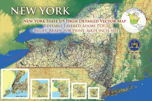 5 New York State US Vector Map, High Detailed Editable Layered Adobe PDF main roads, cities, relief: ready for print size 24x36 inches v.5