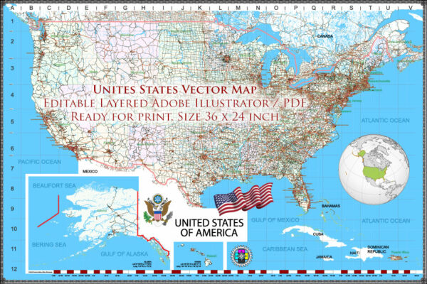 5 United States Vector Map, High Detailed Editable Layered Adobe Illustrator main roads, cities, ready for print size 24x36 inches v.5