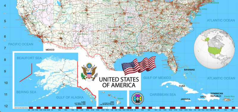 5 United States Vector Map, High Detailed Editable Layered Adobe Illustrator main roads, cities, ready for print size 24x36 inches v.5